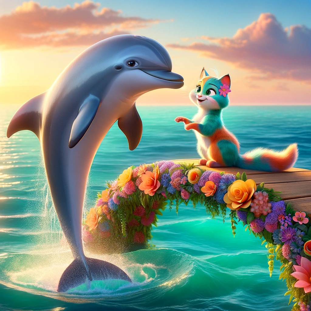 DALL·E 2023-12-15 00.27.52 - A heartwarming scene in a Disney_Pixar style, featuring the dolphin from the story, playfully interacting with the gatita on a flower bridge over the